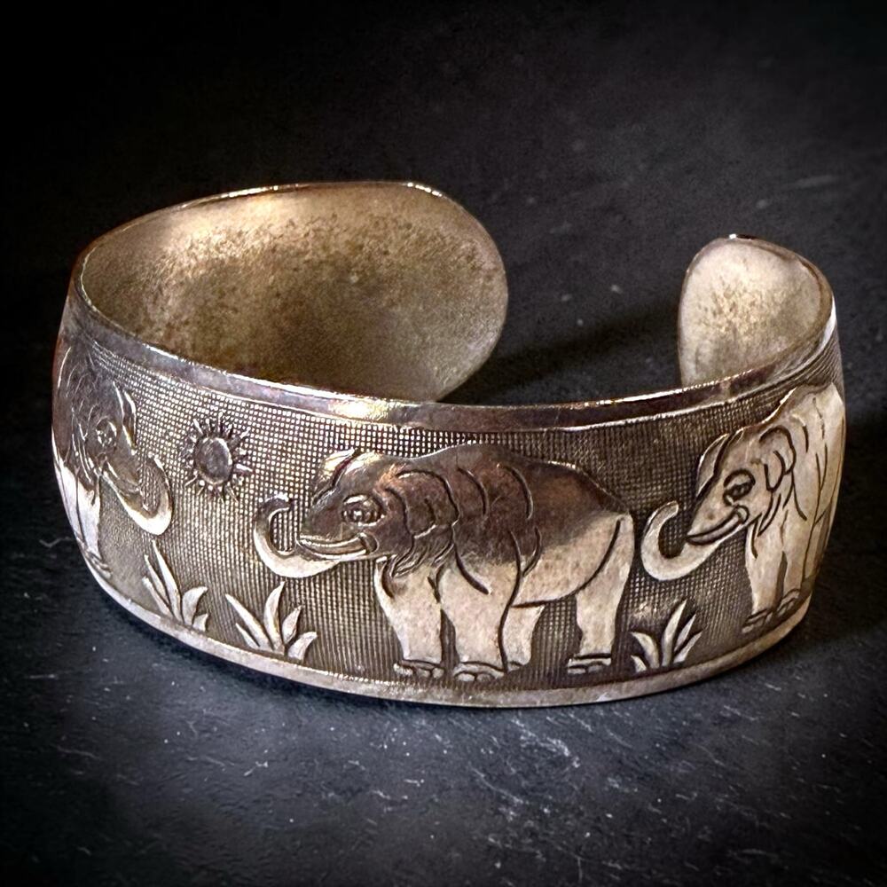 Tibetan Elephant Silver Tone Cuff Bracelet Womens Etched Bangle
